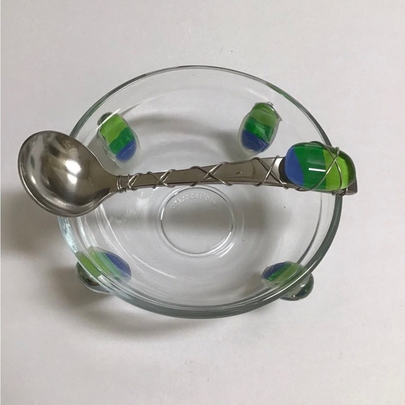 Art Glass Condiment Dish Blue Green Pebble Wire Wrapped Spoon Sea KIG Indonesia - Picture 1 of 12